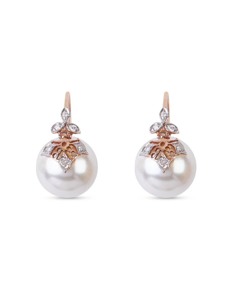 14K Yellow Gold Freshwater Pearl and Bezel Set Diamond Drop Earrings  (8.0-8.5mm)